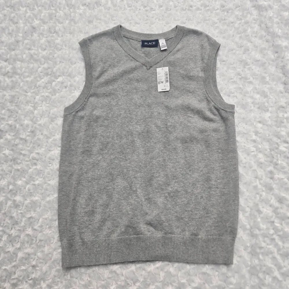 Place Knit Sweater Vest Kids Size 14 Gray V-Neck Sleeveless NWT Ribbed armholes